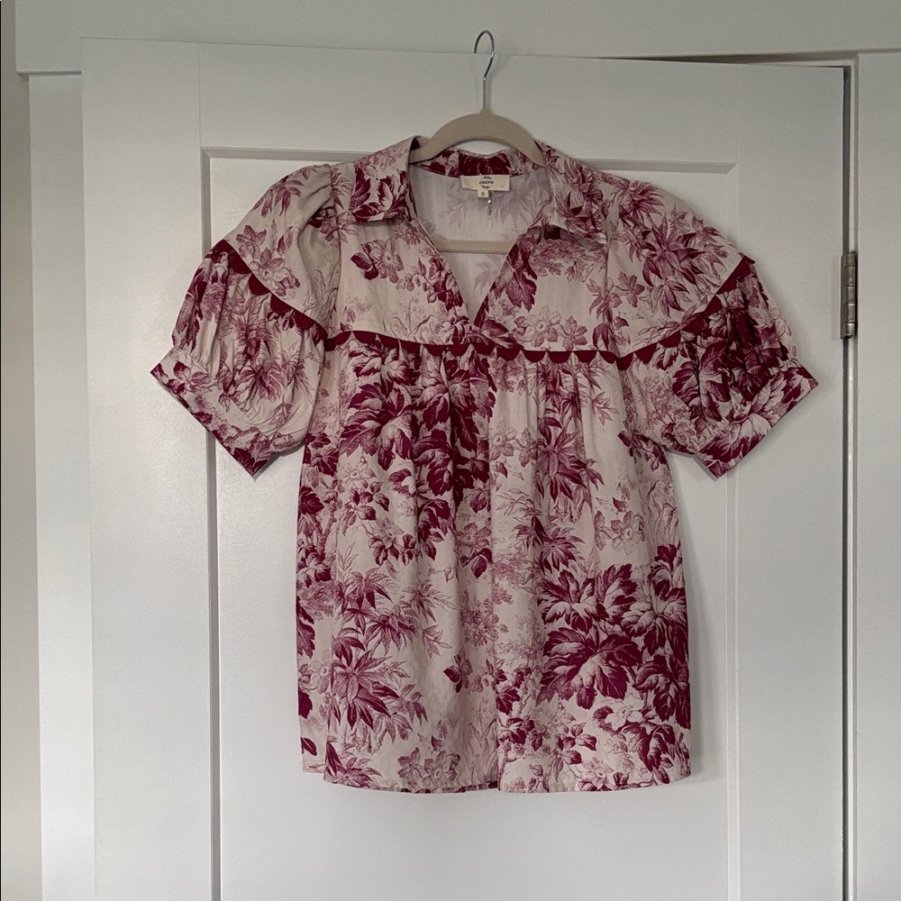 entro Pink Cream Floral Puff-Sleeve Button Front Blouse